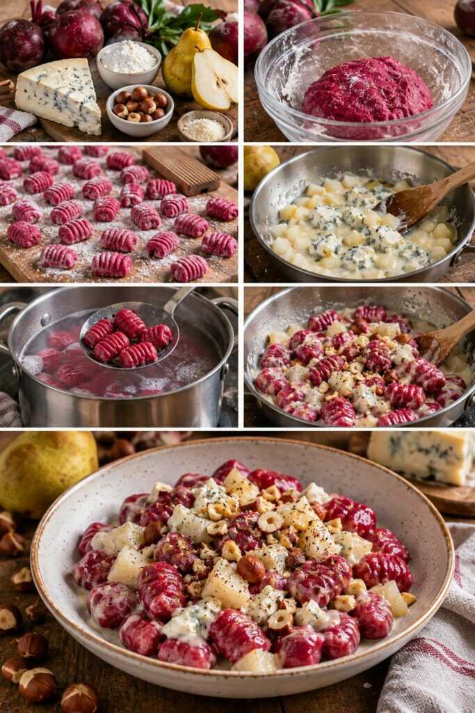 Gnocchetti di Barbabietola con Gorgonzola, Pere e Nocciole – Piemonte