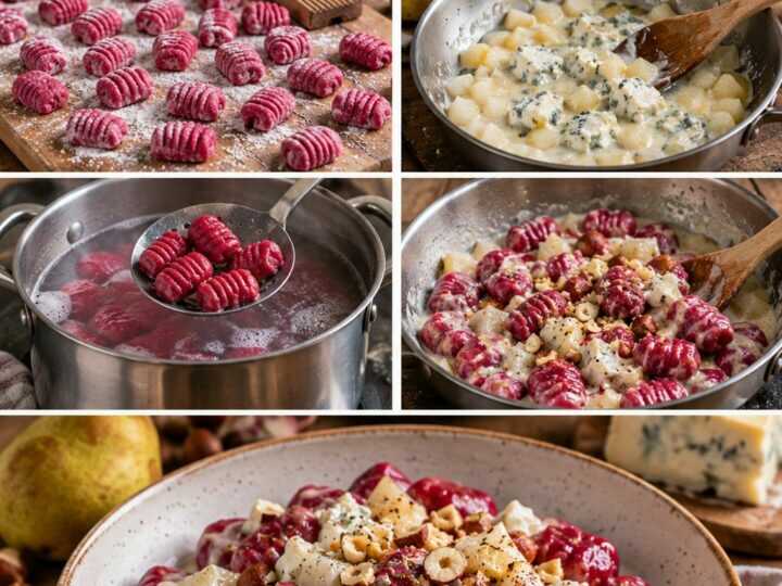 Gnocchetti di Barbabietola con Gorgonzola, Pere e Nocciole – Piemonte