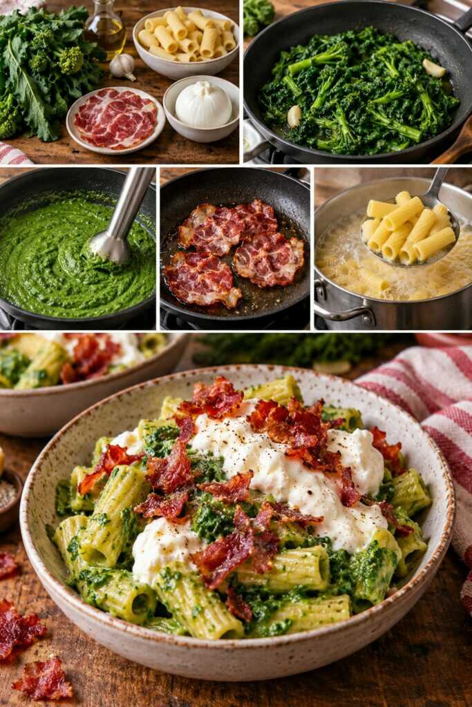 Tortiglioni con Crema di Cime di Rapa, Burrata e Capocollo Croccante – Puglia