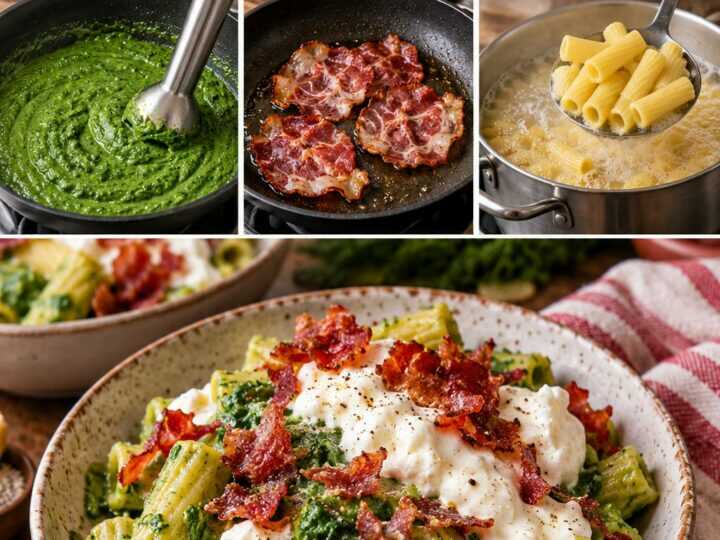 Tortiglioni con Crema di Cime di Rapa, Burrata e Capocollo Croccante – Puglia