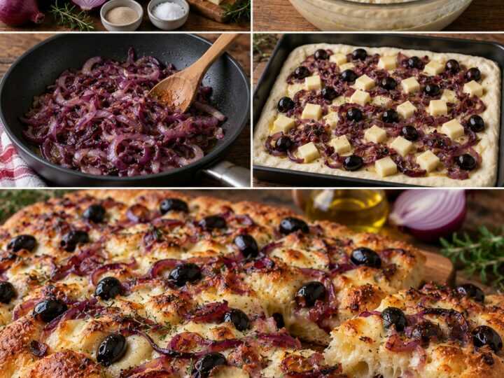 Focaccia Soffice con Cipolle Rosse, Scamorza e Olive Nere – Puglia