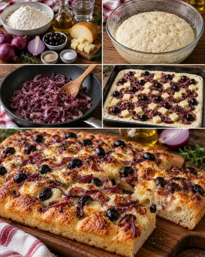 Focaccia Soffice con Cipolle Rosse, Scamorza e Olive Nere – Puglia