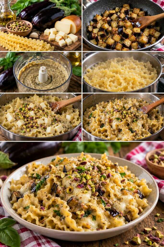 Mafaldine con Crema di Melanzane, Provola Affumicata e Pistacchi – Sicilia