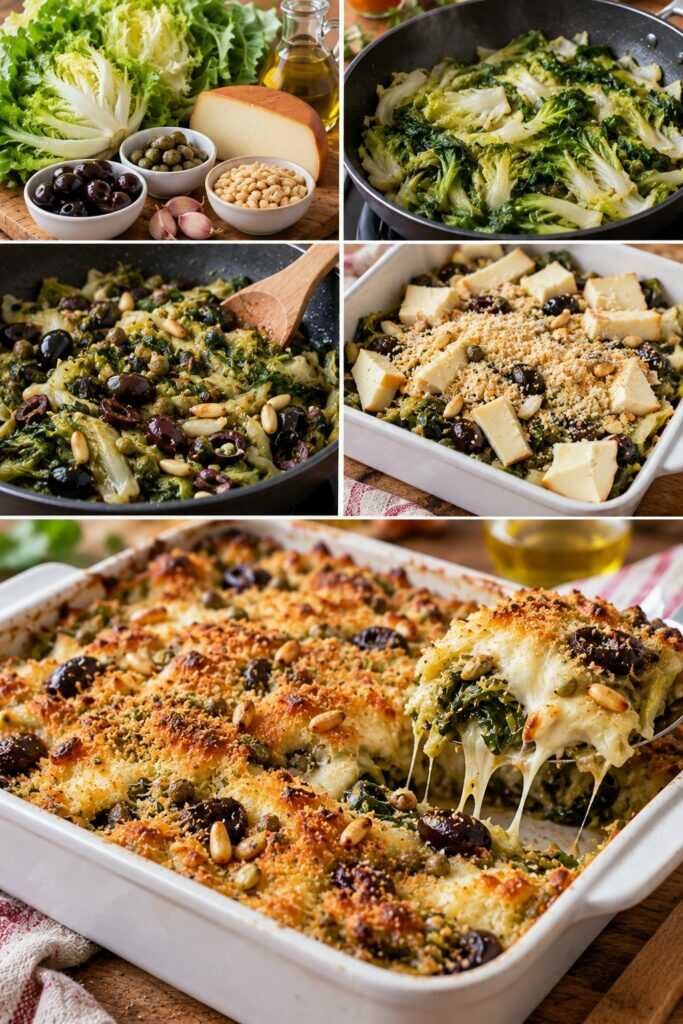 Scarola Gratinata con Capperi, Olive Nere, Pinoli e Provola Affumicata
