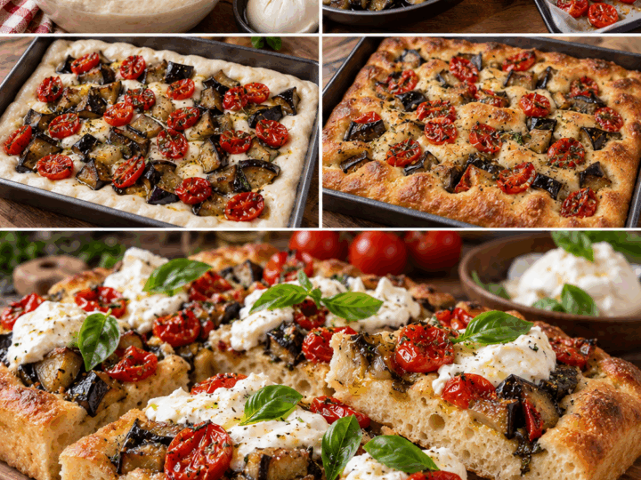 Focaccia Soffice con Melanzane, Burrata e Pomodorini Confit – Puglia