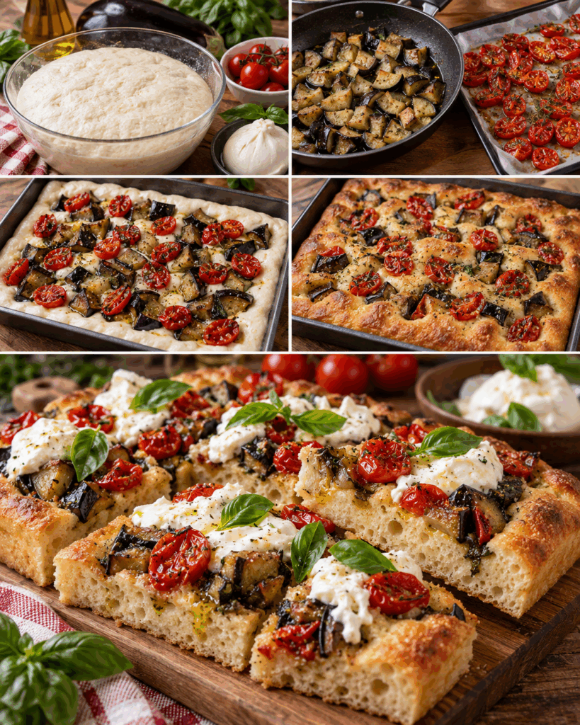 Focaccia Soffice con Melanzane, Burrata e Pomodorini Confit – Puglia