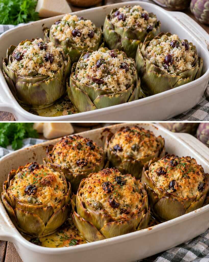 Carciofi Ripieni di Pane, Olive e Pecorino al Forno