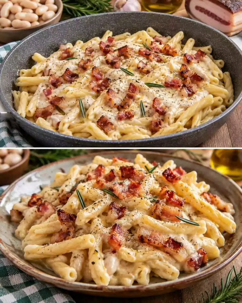 Casarecce con Crema di Cannellini, Rosmarino e Guanciale Croccante