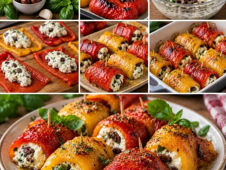 Involtini di Peperoni con Robiola, Olive Taggiasche e Basilico
