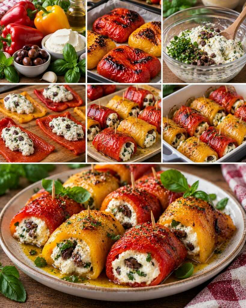 Involtini di Peperoni con Robiola, Olive Taggiasche e Basilico