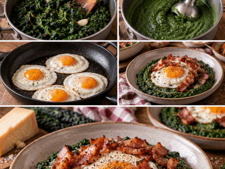 Uova al Tegamino su Crema di Cavolo Nero con Guanciale Croccante – Toscana