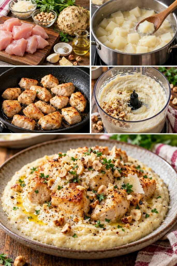 Bocconcini di Pollo con Crema di Sedano Rapa, Parmigiano e Nocciole