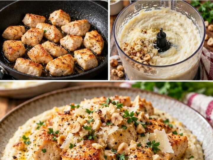 Bocconcini di Pollo con Crema di Sedano Rapa, Parmigiano e Nocciole