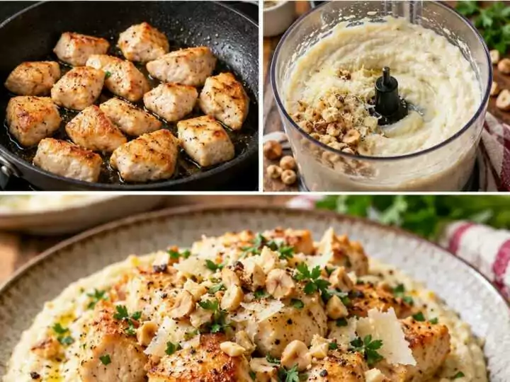 Bocconcini di Pollo con Crema di Sedano Rapa, Parmigiano e Nocciole