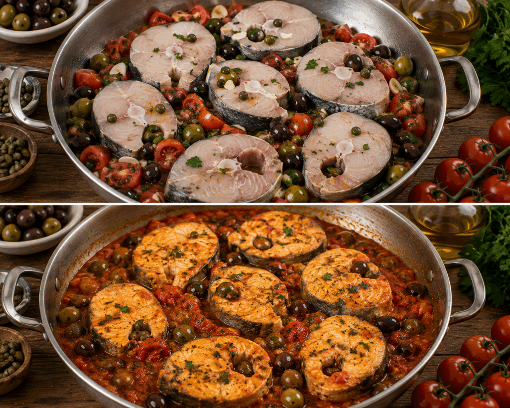 Palombo alla Siciliana con Pomodoro, Capperi e Olive – Sicilia