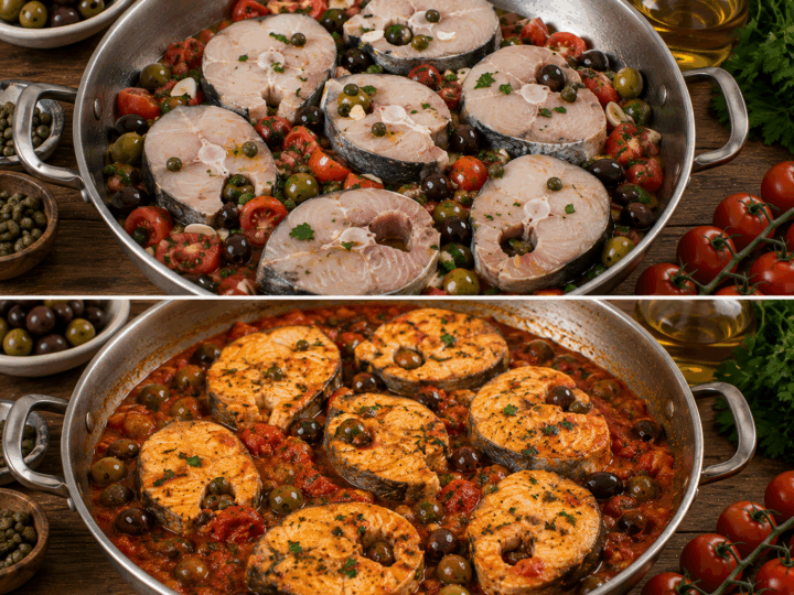 Palombo alla Siciliana con Pomodoro, Capperi e Olive – Sicilia