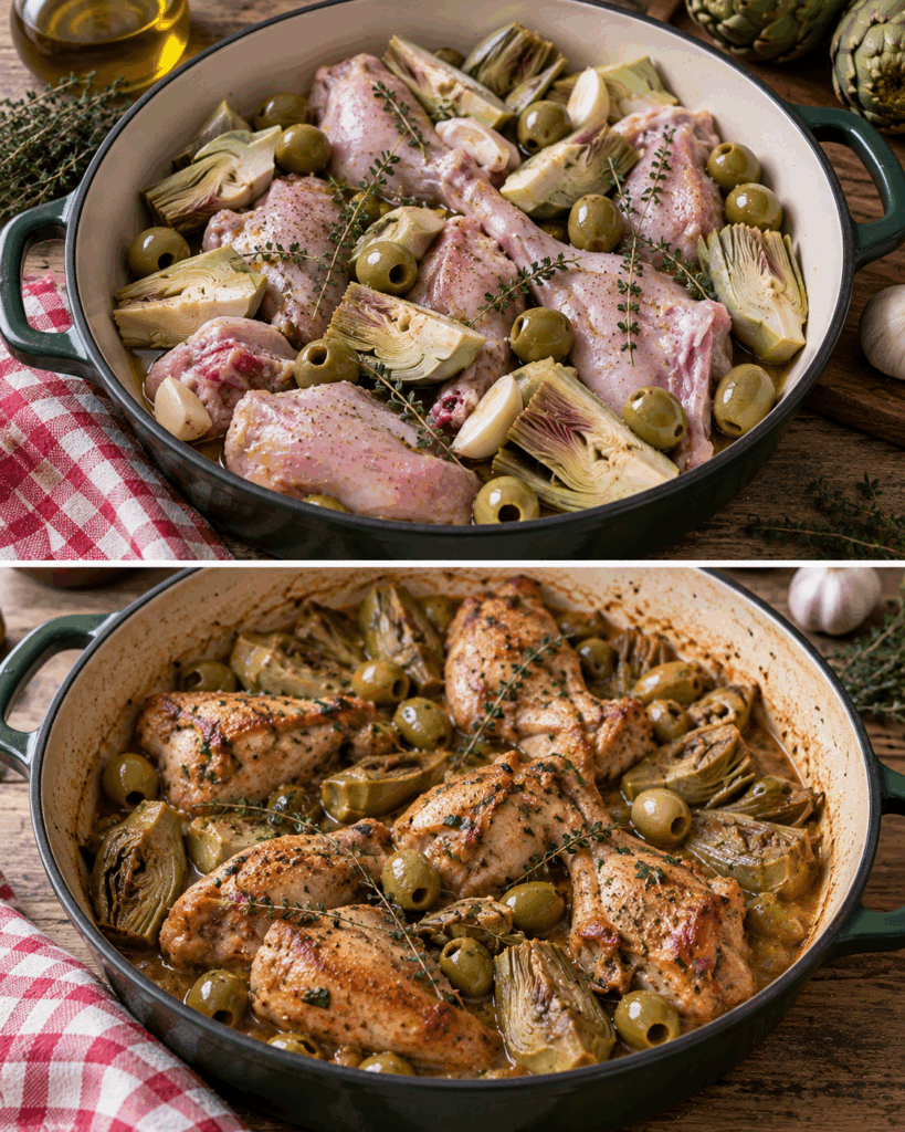 Coniglio in Tegame con Carciofi, Olive Verdi e Timo – Toscana