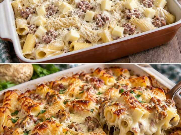 Tortiglioni al Forno con Crema di Sedano Rapa, Salsiccia e Provolone