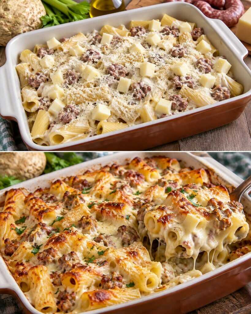 Tortiglioni al Forno con Crema di Sedano Rapa, Salsiccia e Provolone