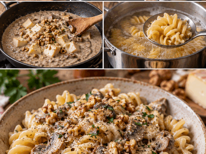 Fusilloni con Crema di Funghi, Taleggio e Noci – Piemonte