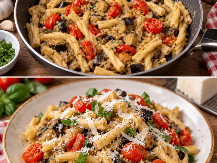 Casarecce con Crema di Melanzane, Pomodorini e Ricotta Salata – Sicilia