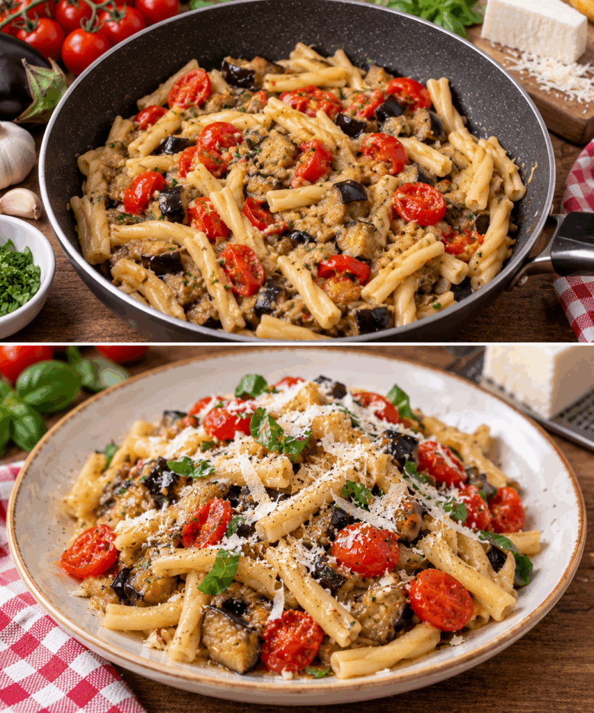 Casarecce con Crema di Melanzane, Pomodorini e Ricotta Salata – Sicilia