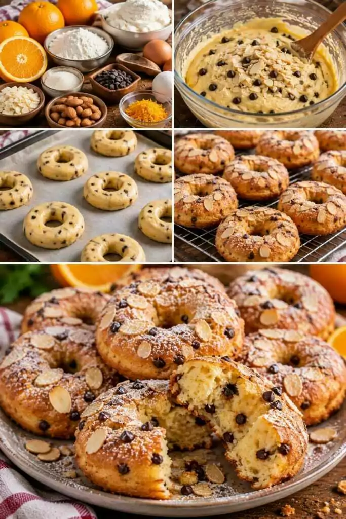 Ciambelline Soffici all’Arancia con Ricotta, Mandorle e Gocce di Cioccolato
