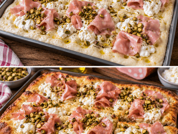 Pizza Bianca con Mortadella, Stracciatella e Pistacchi – Emilia-Romagna