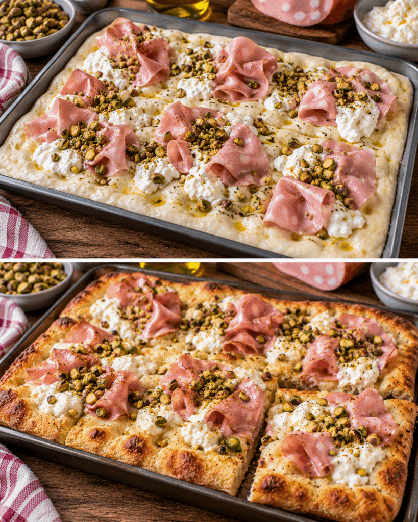 Pizza Bianca con Mortadella, Stracciatella e Pistacchi – Emilia-Romagna