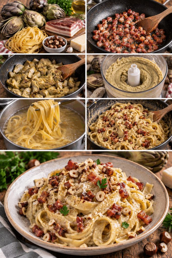Fettuccine con Crema di Carciofi, Guanciale Croccante e Nocciole – Lazio