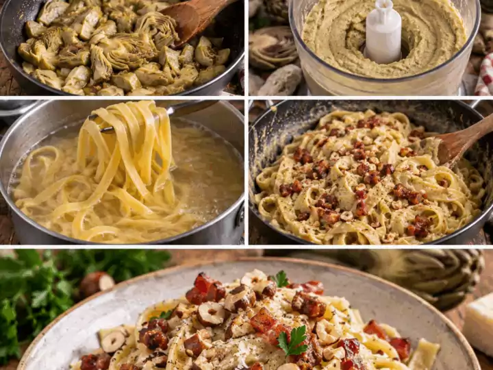 Fettuccine con Crema di Carciofi, Guanciale Croccante e Nocciole – Lazio
