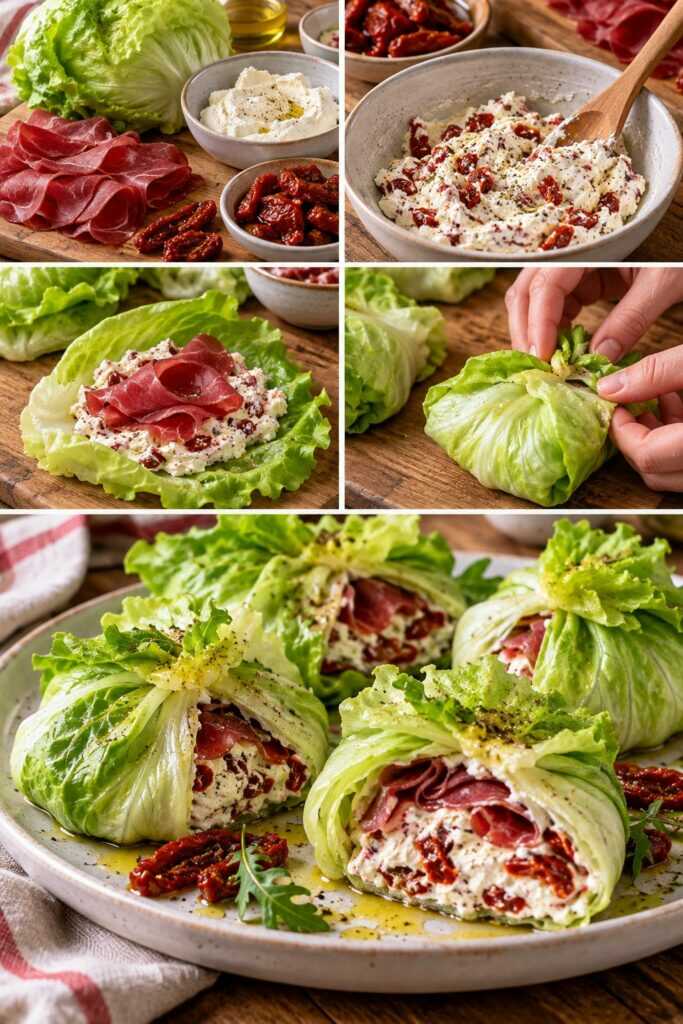 Fagottini Freddi di Lattuga con Robiola, Bresaola e Pomodori Secchi