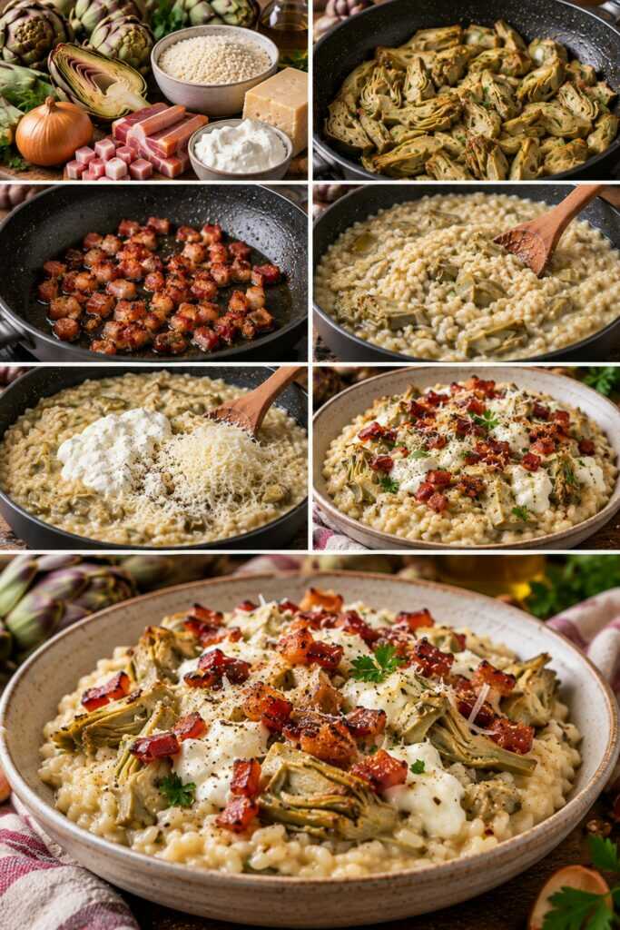 Risotto Cremoso ai Carciofi con Stracciatella, Guanciale Croccante e Pecorino – Lazio