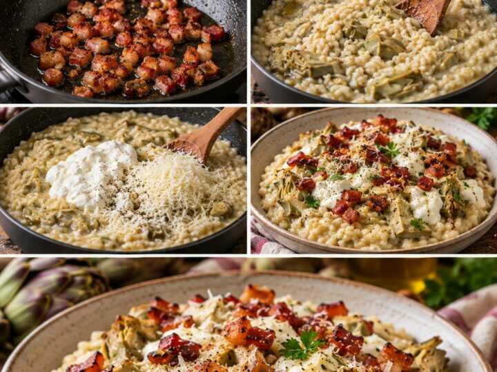 Risotto Cremoso ai Carciofi con Stracciatella, Guanciale Croccante e Pecorino – Lazio