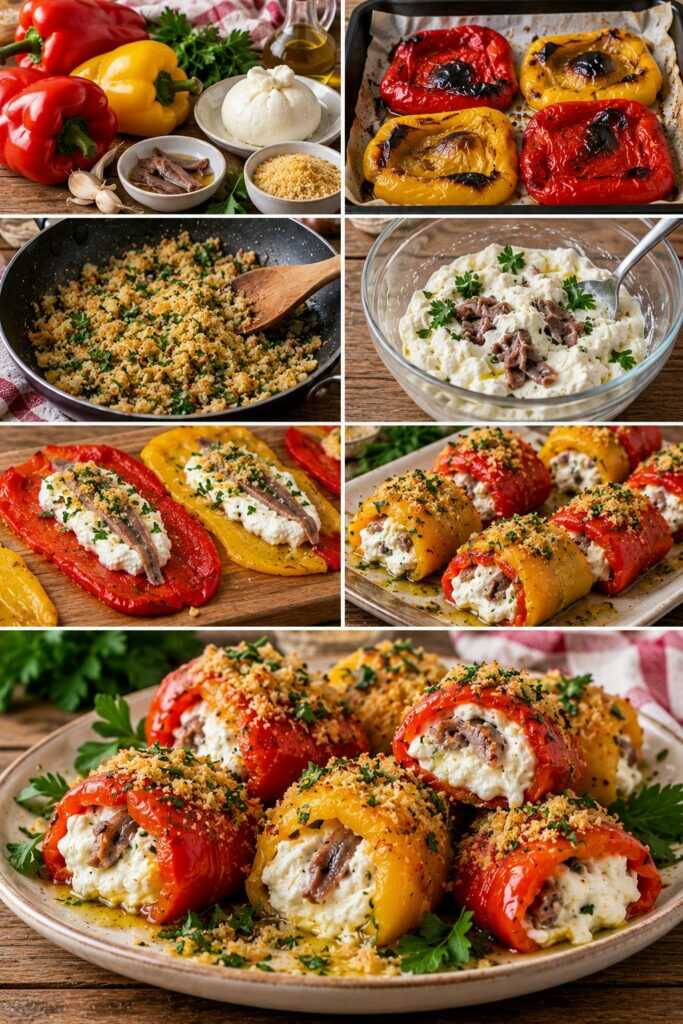 Involtini Freddi di Peperoni con Burrata, Acciughe e Pangrattato Aromatico – Campania