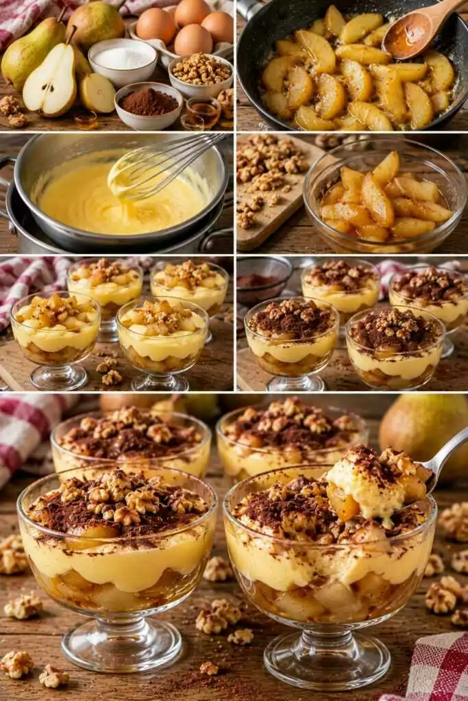 Coppa di Zabaione con Pere Caramellate, Noci e Cacao – Lombardia