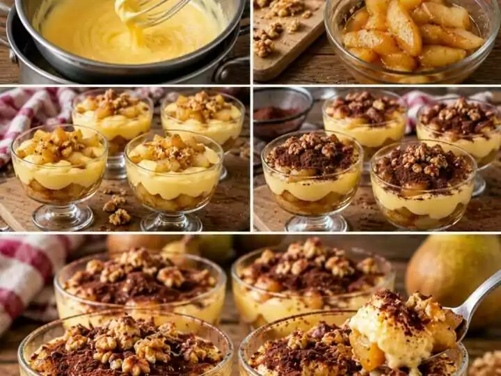 Coppa di Zabaione con Pere Caramellate, Noci e Cacao – Lombardia