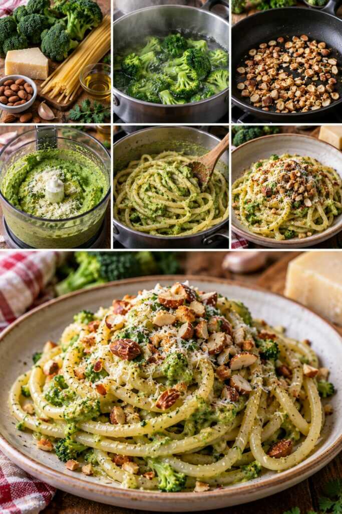 Bucatini con Crema di Broccoli, Pecorino e Mandorle Tostate – Puglia