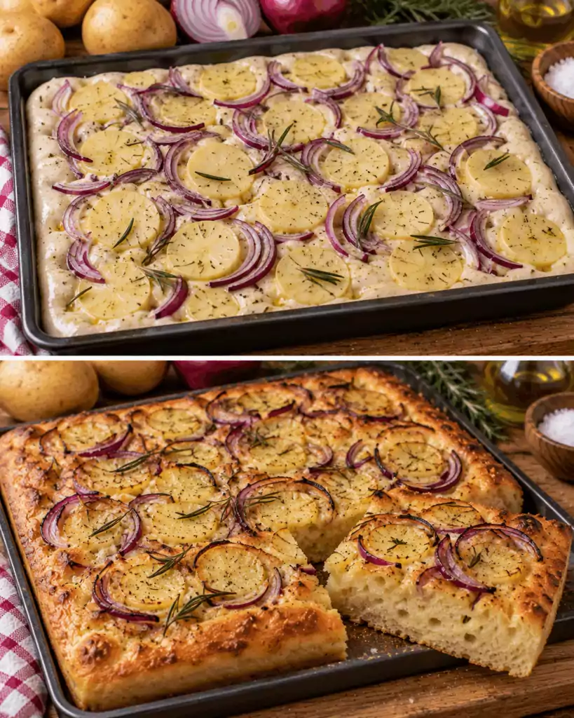 Focaccia Soffice con Patate, Cipolla Rossa e Rosmarino – Puglia