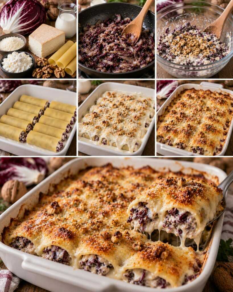 Cannelloni con Radicchio, Taleggio e Noci Gratinate – Lombardia