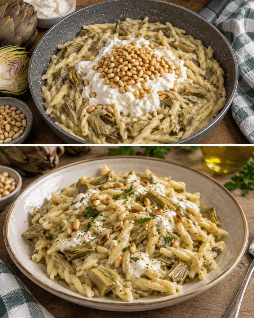 Trofie con Crema di Carciofi, Stracciatella e Pinoli Tostati – Liguria