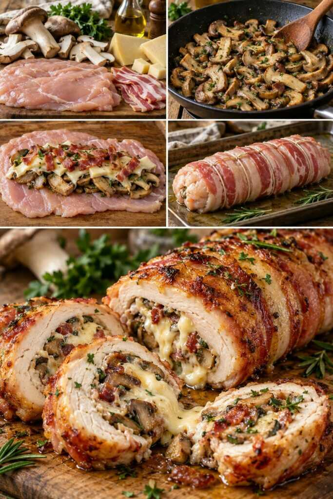 Rotolo di Pollo con Funghi Cardoncelli, Caciocavallo e Pancetta Croccante