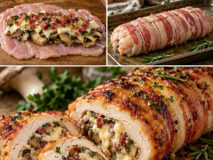 Rotolo di Pollo con Funghi Cardoncelli, Caciocavallo e Pancetta Croccante