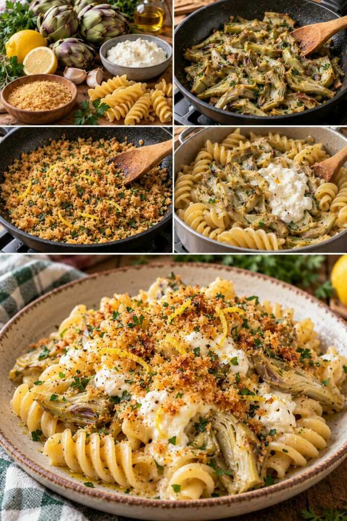 Fusilloni con Carciofi, Stracciatella e Pangrattato al Limone – Lazio