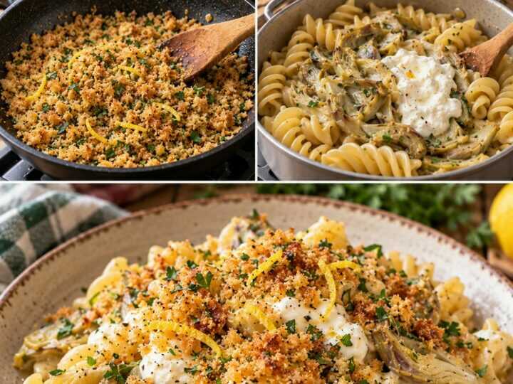 Fusilloni con Carciofi, Stracciatella e Pangrattato al Limone – Lazio