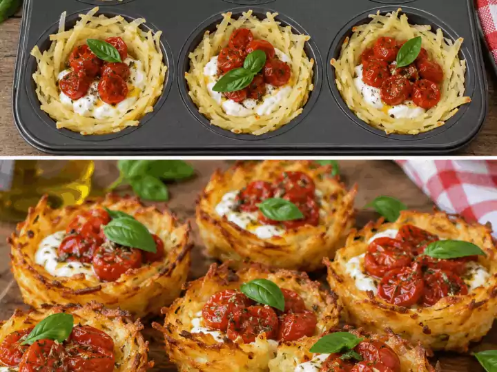 Cestini di Patate Croccanti con Stracciatella, Pomodorini Confit e Basilico – Puglia