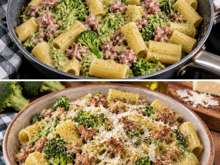 Rigatoni con Crema di Broccoli, Salsiccia e Pecorino – Lazio
