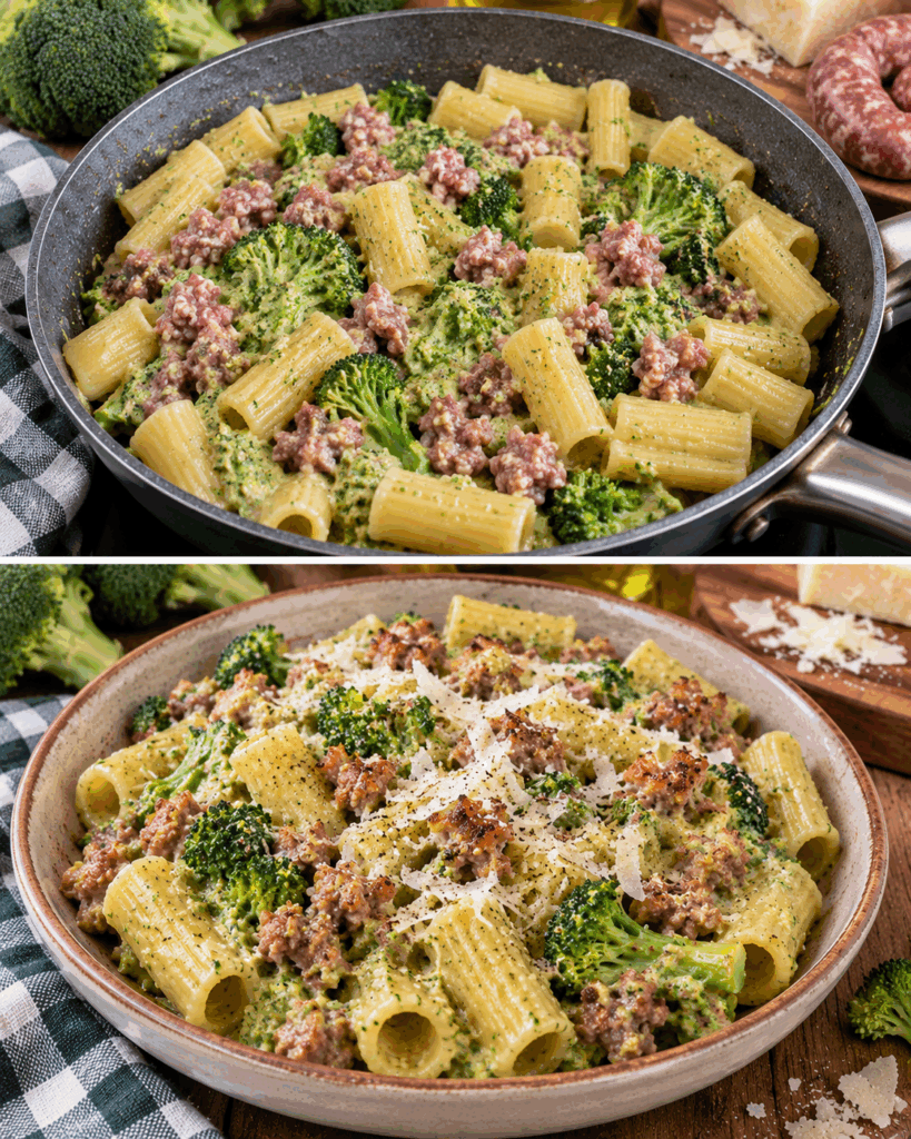 Rigatoni con Crema di Broccoli, Salsiccia e Pecorino – Lazio
