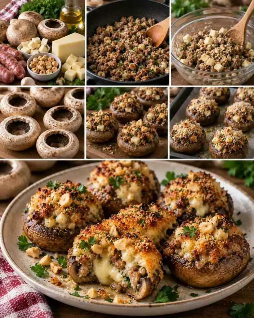 Funghi Ripieni al Forno con Salsiccia, Fontina e Nocciole