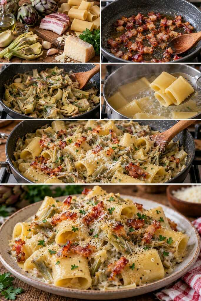 Paccheri Cremosi ai Carciofi con Guanciale Croccante e Pecorino – Lazio